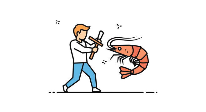 Stylized illustration of an individual confronting a colossal crustacean with a symbolic wooden