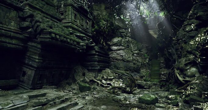 Ancient stone structures, covered in moss and vines, are nestled deep within a thick jungle. Sunlight streams down, revealing a set of worn stone steps leading further into the foliage.