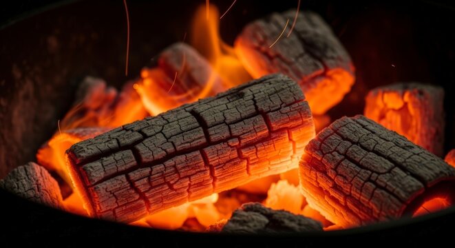 Burning wood logs in fire pit.