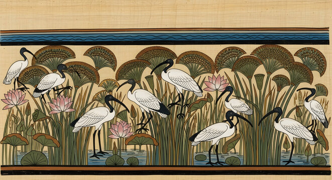 Ancient Egyptian Ibis Birds in Papyrus Swamp.