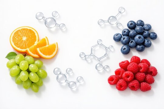 Vitamin-Rich Fruits and Molecular Structures: A vibrant depiction of fresh, healthy fruits, artistically arranged alongside elegant molecular structures.