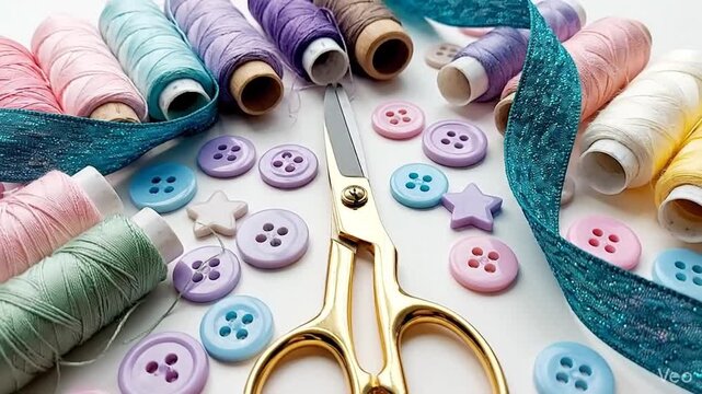 Pastel colorful thread spools, assorted vintage buttons, sharp scissors, and turquoise ribbon arranged in artistic flat lay on bright white surface for sewing craft and textile art.