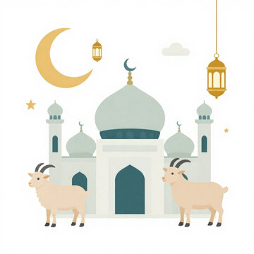 Islamic flat illustration of mosque with two goats and crescent moon for Eid al-Adha