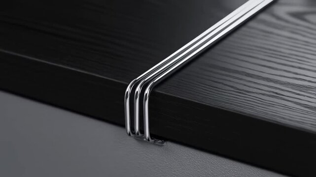 Fretwire metal installation on ebony wood guitar fretboard with detailed texture and reflective surface, close-up shot.