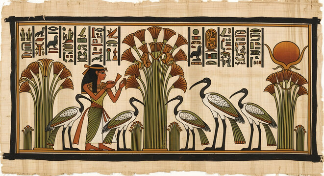 Ancient Egyptian Papyrus Depicting Goddess Isis and Sacred Ibis Birds.