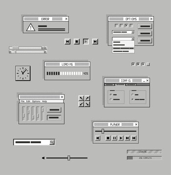 Retro 90s Computer GUI Elements Set, Vintage Old Interface