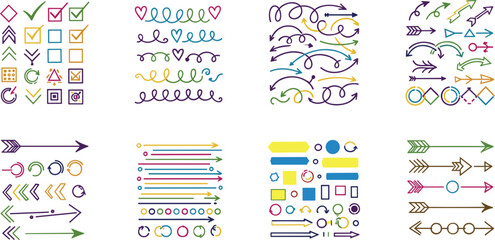 Naklejka premium Hand drawn arrows and doodle elements collection with swirls checkmarks lines and decorative pointers vector illustration set