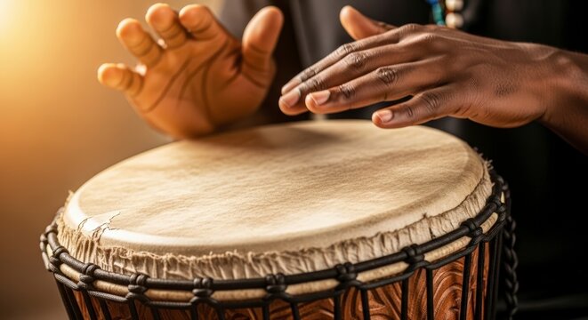Close-up of hands playing djembe drum.
