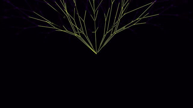 Intricate 3D neural node tree undergoing recursive algorithmic pruning. Glowing neon gold core data arteries pulse amidst deep violet synapses. Ideal for AI and cloud infrastructure brand films.