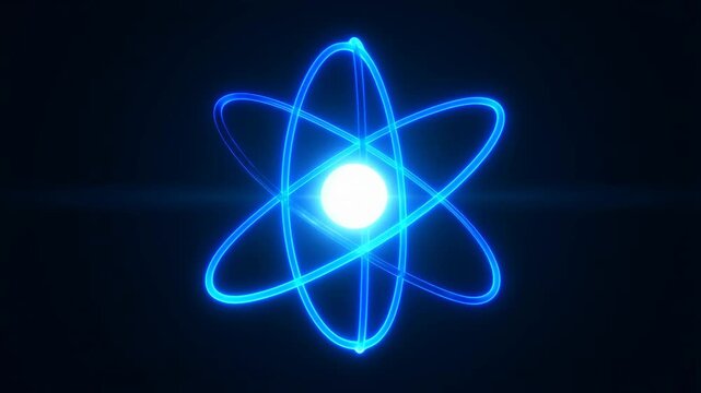 Atom symbol with glowing blue electron orbits and bright nucleus on a dark background, science and technology concept