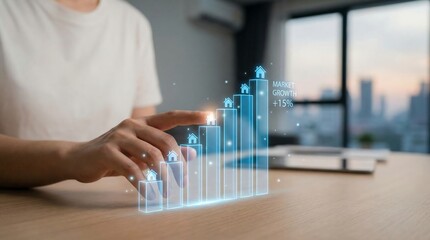 Fototapeta premium Person interacting with virtual graph on desk in modern office
