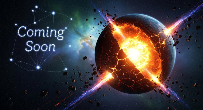 A dramatic illustration of a planet exploding in space with a coming soon message