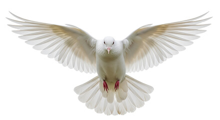 Fototapeta premium White dove flying towards camera with outstretched wings on black background