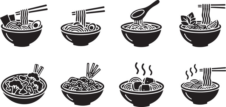 Ramen and Noodle Bowl Icon Set - Japanese Cuisine and Asian Food Vector Symbols