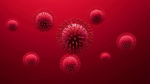 Viruses 3D render with red spikes floating in a red background, detailed microscopic view of corona virus particles