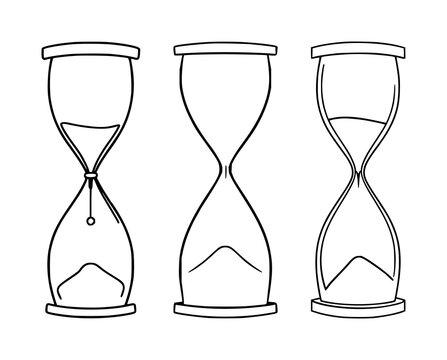 Hourglass set with minimalist line art of an hourglass with sand piling at the bottom featuring sand, timekeeping, black ink with minimalist and temporal decor