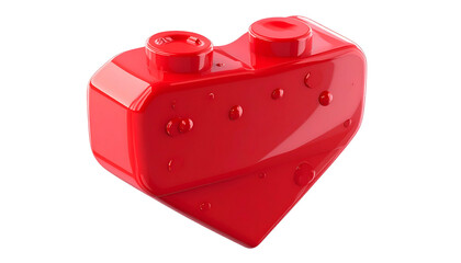 Fototapeta premium Red heart shape made of plastic building block with water drops on a dark background