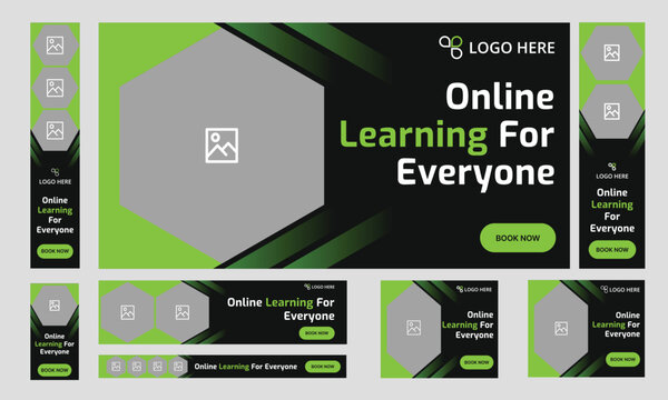 Trendy customizable online learning web set banner design, everyday education web bundle banner design, editable vector eps 10 file format