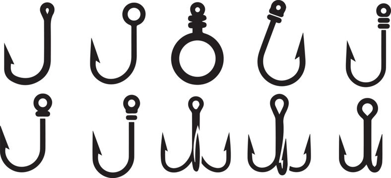 Fishing Hook Icon Set: Sharp Metal Bait and Tackle Silhouette Vectors