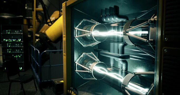Two energy conduits illuminate a dark technology facility with vivid sparks. The environment is high tech, showcasing machinery and intricate wiring in vivid detail.