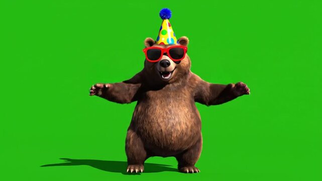 High quality 3D animated bear dancing happily while wearing funny oversized sunglasses and a festive hat the bear sways rhythmically on its hind legs with playful paw gestures and joyful body movement