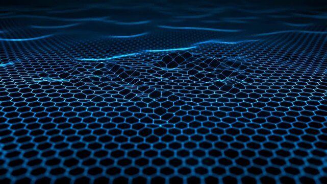 Hexagon grid digital terrain with flowing blue waves and illuminated lines, 3D abstract scientific background concept