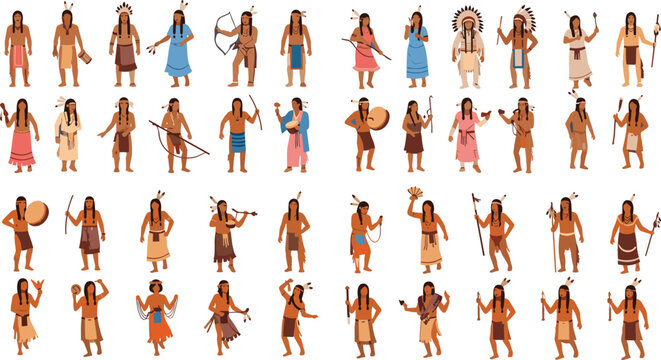 Native American tribal people collection with traditional clothing hunting tools and cultural poses cartoon vector illustration set