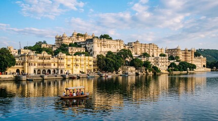 Fototapeta premium Majestic historic palace complex by a calm lake with traditional architecture, scenic reflections, and a tourist boat at sunset
