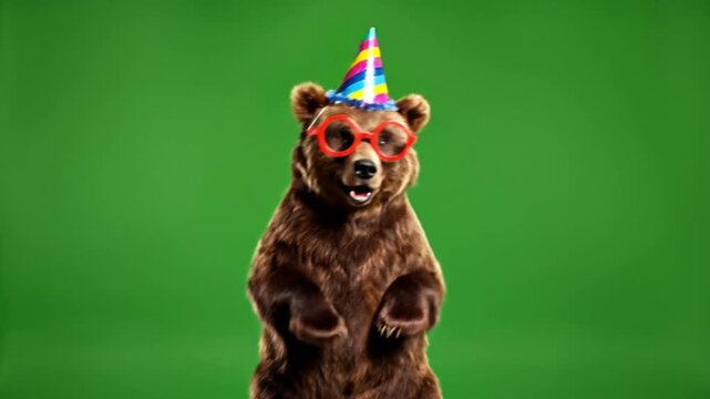 Cute brown bear performing a joyful dance while wearing a bright party hat and funny round glasses the bear moves rhythmically with lively body motion and playful paw gestures standing upright on hind