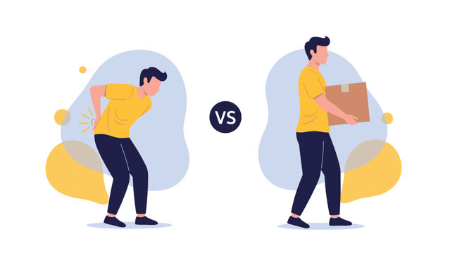 Educational diagram showing the wrong and right posture for lifting a cardboard box to avoid back pain and spinal injuries.