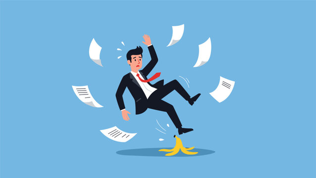 Businessman in a suit slips on a yellow banana peel with his arms flailing and documents flying everywhere on a blue background.