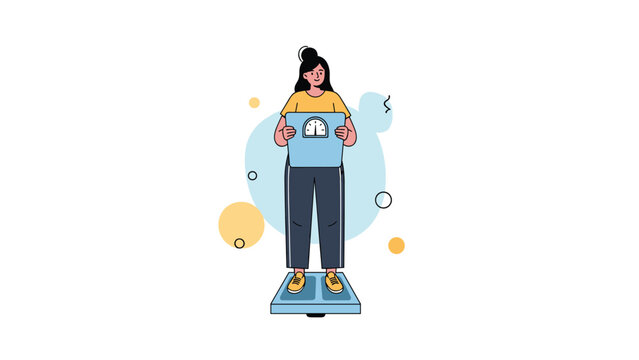 Young woman standing on a blue bathroom scale while holding a digital tablet to track her weight loss progress and fitness goals.