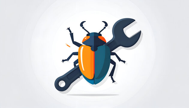 Vector graphic of a beetle with orange and blue shell rests on a gray wrench tool