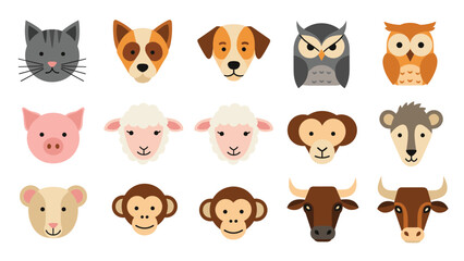 Fototapeta premium Comprehensive grid of fifteen different animal face icons including a cat, dog, owl, pig, sheep, monkey, bear, and cow for graphic design.