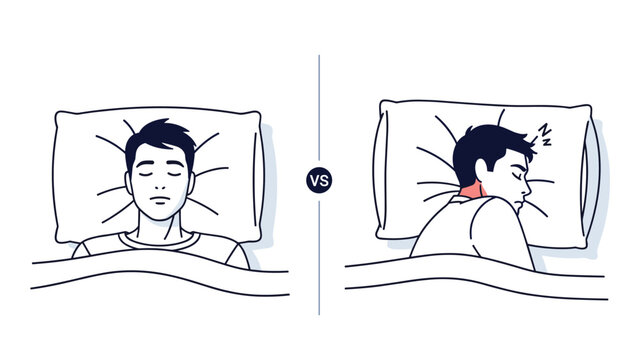 Medical illustration comparing two different sleeping positions on a pillow to show optimal neck support and overall rest for the body.