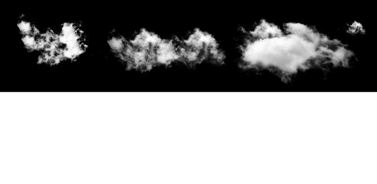 Scattered small clouds isolated on black and transparent background.