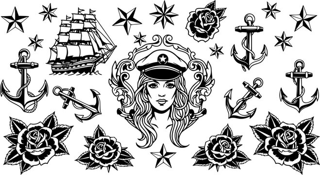 Illustration of vintage tattoo flash sheet with women, stars, ship, anchors and roses in old school style
