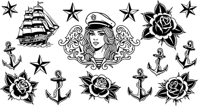 Illustration of vintage tattoo flash sheet with women, stars, ship, anchors and roses in old school style
