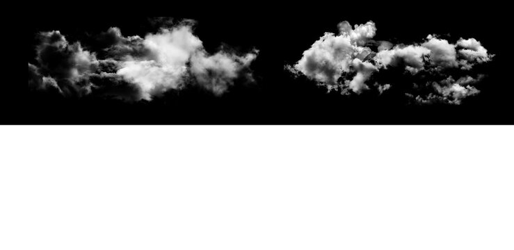 Set of two white clouds isolated on black background and transparent.
