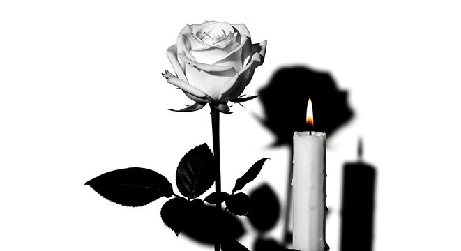 Single white rose with burning candle and dark shadows on white background.