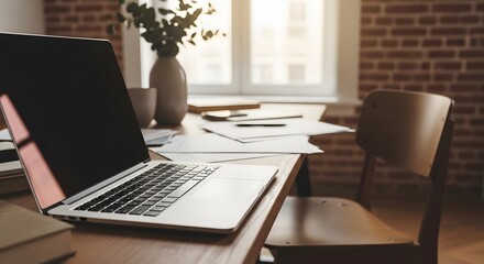 Fototapeta premium A laptop on a desk in a cozy office with a brick wall and a window