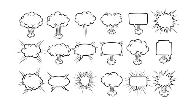 A collection of 16 hand drawn speech bubbles and explosion effects in black and white comic book style illustrations