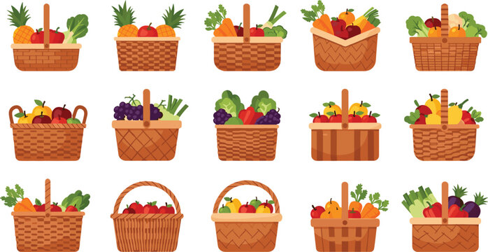 Wicker baskets with fruits and vegetables collection harvest food containers cartoon vector illustration set