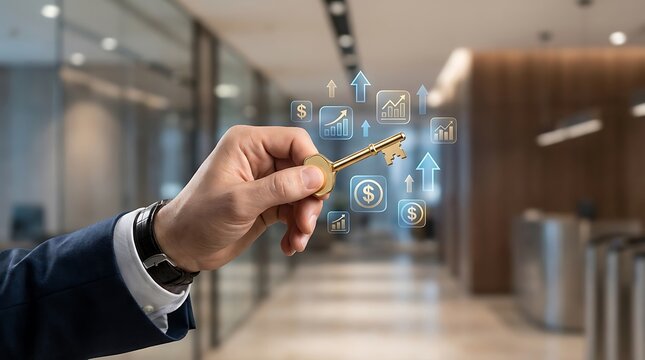 Businessman's hand holding golden key to financial growth success and investment opportunity