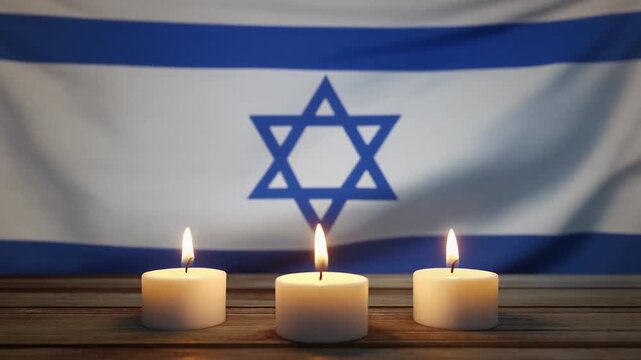 "A solemn and symbolic composition featuring three lit candles placed on a wooden surface, glowing softly in a warm ambiance. Behind them, the national flag of Israel is displayed, with a blue Star of