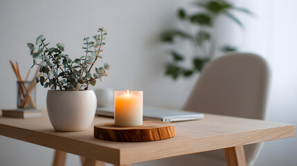 Fototapeta premium A serene indoor workspace with a burning candle, potted plant, and a chair exudes a calming atmosphere.