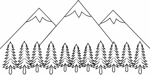 Simple line drawing of mountains and a coniferous forest scene © Rathin