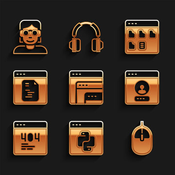 Set Software, Python programming language, Computer mouse, Create account screen, Page with 404 error, Browser files and Hacker coder icon. Vector
