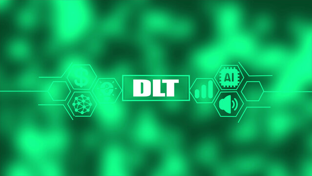 Digital of DLT with interconnected hexagonal for AI money lightbulb network and sound on a blurred green background Keywords: DLT, distributed, ledger, technology