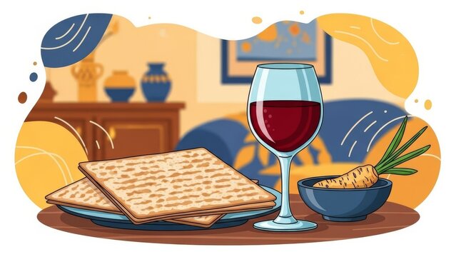 Matzah and red wine with karpas in a bowl set on a wooden table in a living room